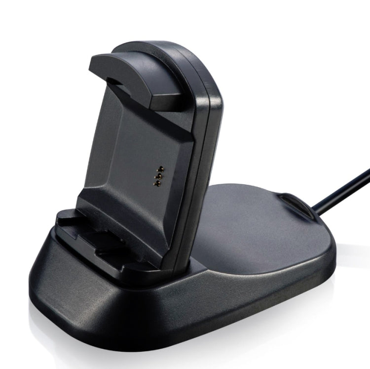 Black charging dock stand with charging contact pins on the cradle