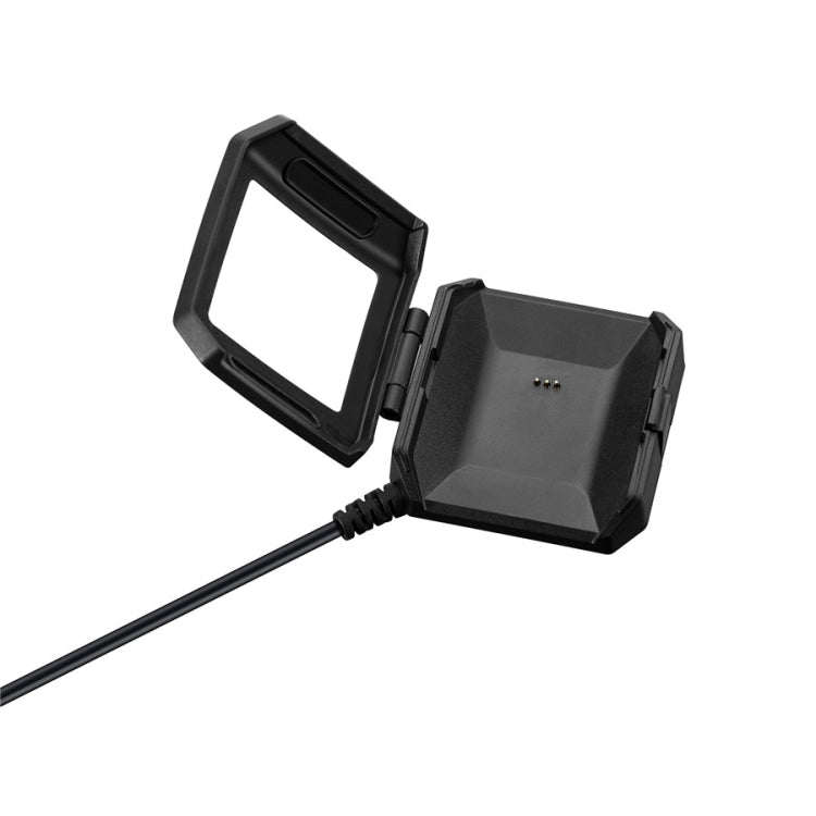 Black charging dock cradle with open frame and USB charging cable