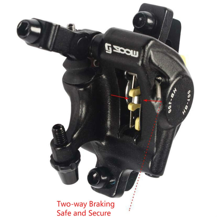 Black hydraulic disc brake caliper close-up showing two-way braking adjustment area
