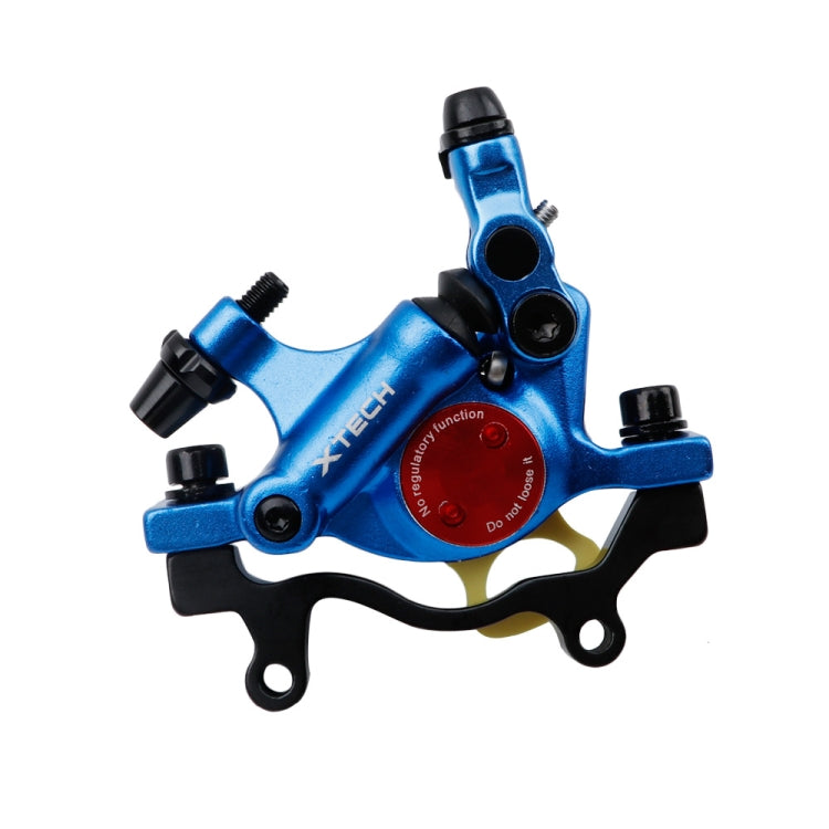 Blue hydraulic disc brake caliper with mounting bolts and hose port