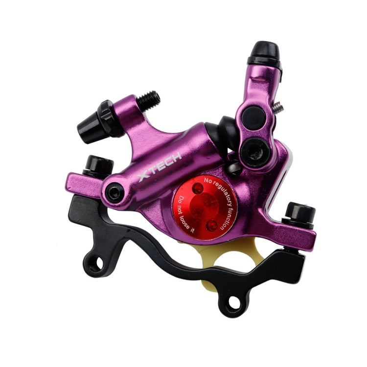 Purple hydraulic disc brake caliper with mounting bolts and hose port