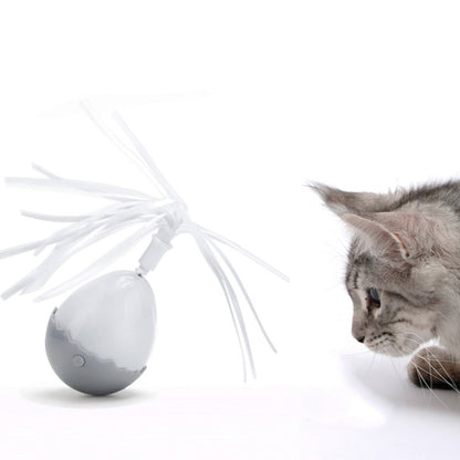 Electric cat egg toy: gray cat batting white shell with pom‑pom and feather arms