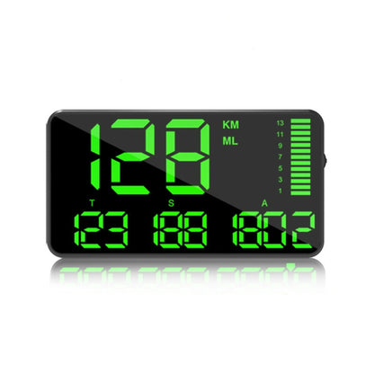 Car head-up display unit with green LED speed readout and mileage gauges.