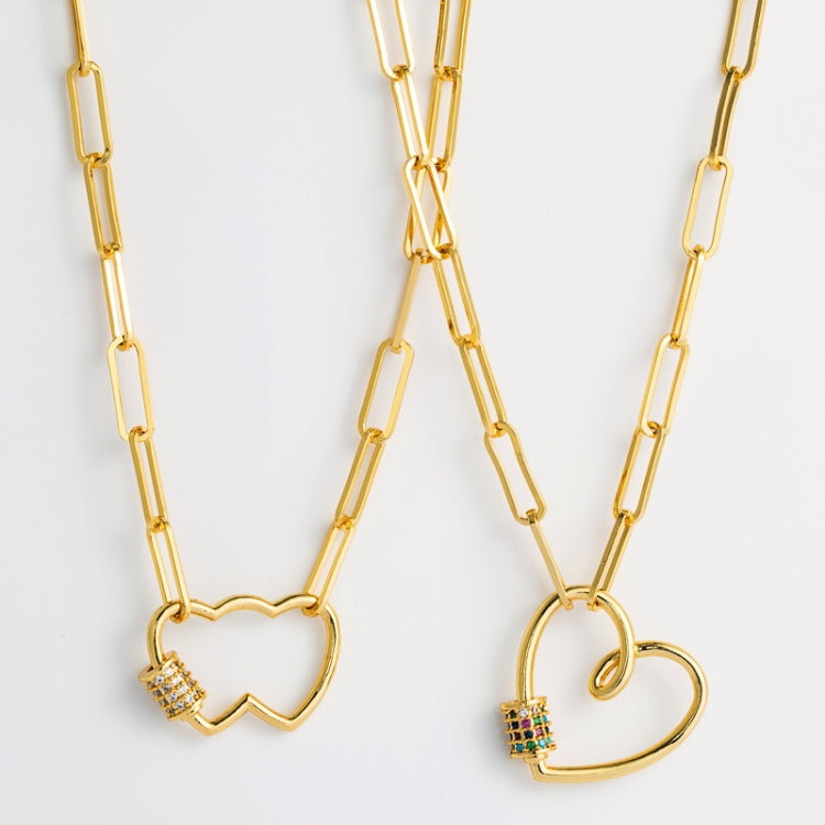 Gold-tone double heart pendant necklace with multicolor zircon accents and chain links