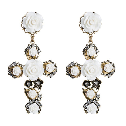 Pair of white rose cross long dangle earrings with gold-tone and rhinestone accents