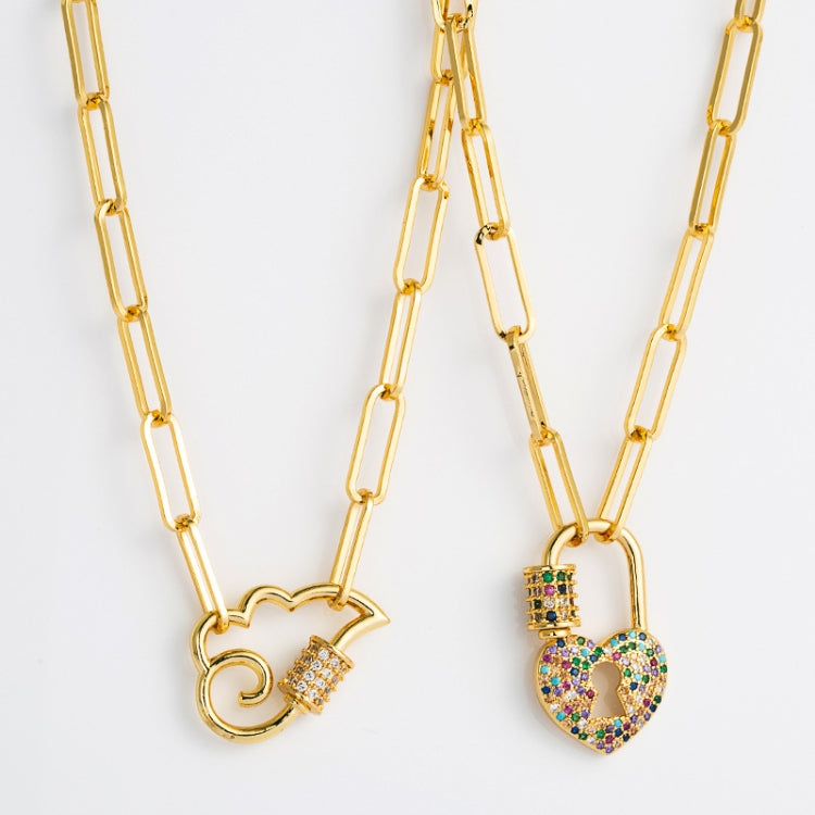 Two gold-tone chain necklaces with heart lock pendants, multicolor zircon stones