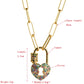 Gold-tone heart lock pendant necklace with multicolor zircon and small stone accents