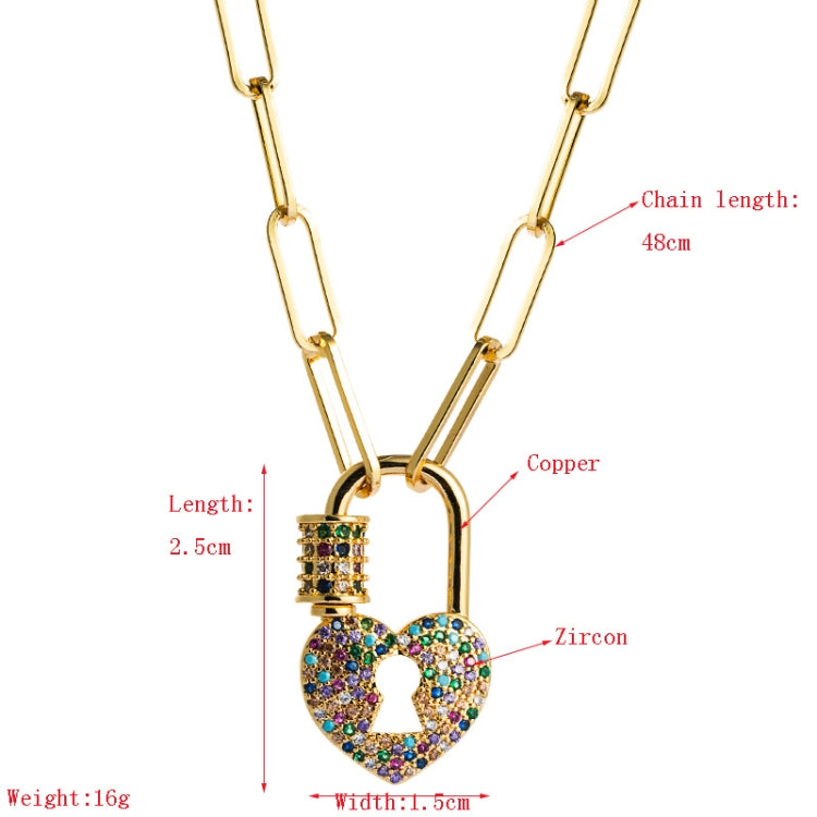 Gold-tone heart lock pendant necklace with multicolor zircon and small stone accents
