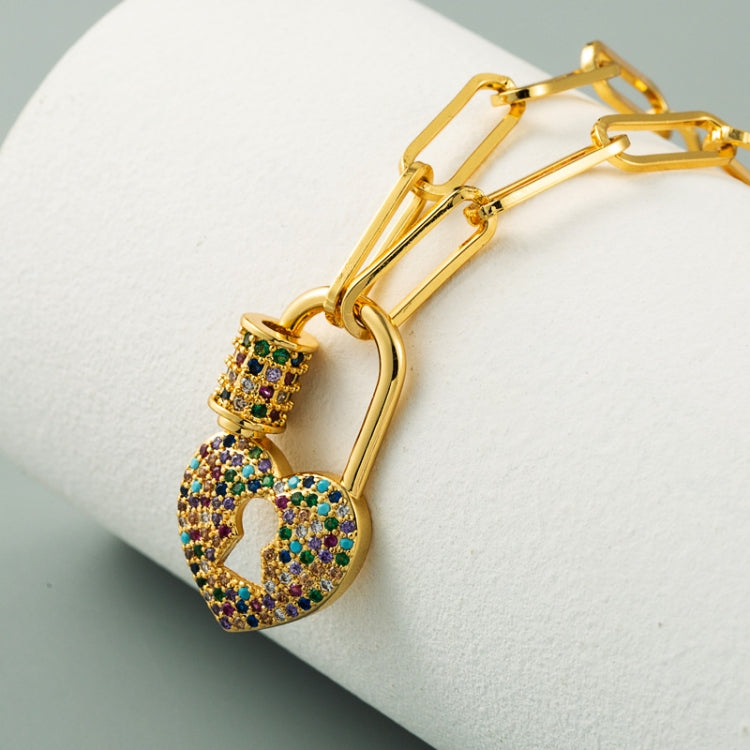 Gold-tone heart lock charm necklace with multicolor zircon sparkle and link chain