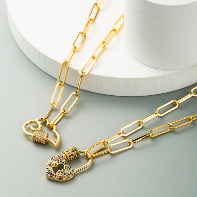 Gold-tone heart lock charm necklace with multicolor zircon on link chain