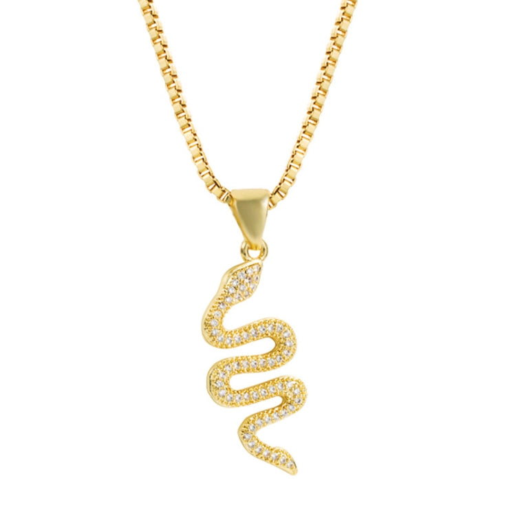 Gold snake pendant necklace with zircon-studded body on link chain