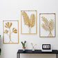 Gold metal leaf wall hanging trio in rectangular frames, botanical stem and leaves