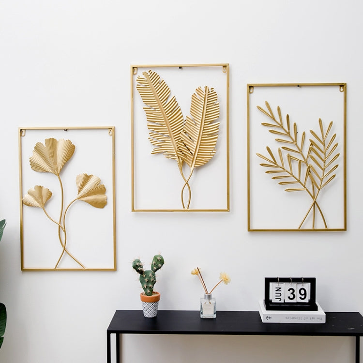 Gold metal leaf wall hanging trio in rectangular frames, botanical stem and leaves