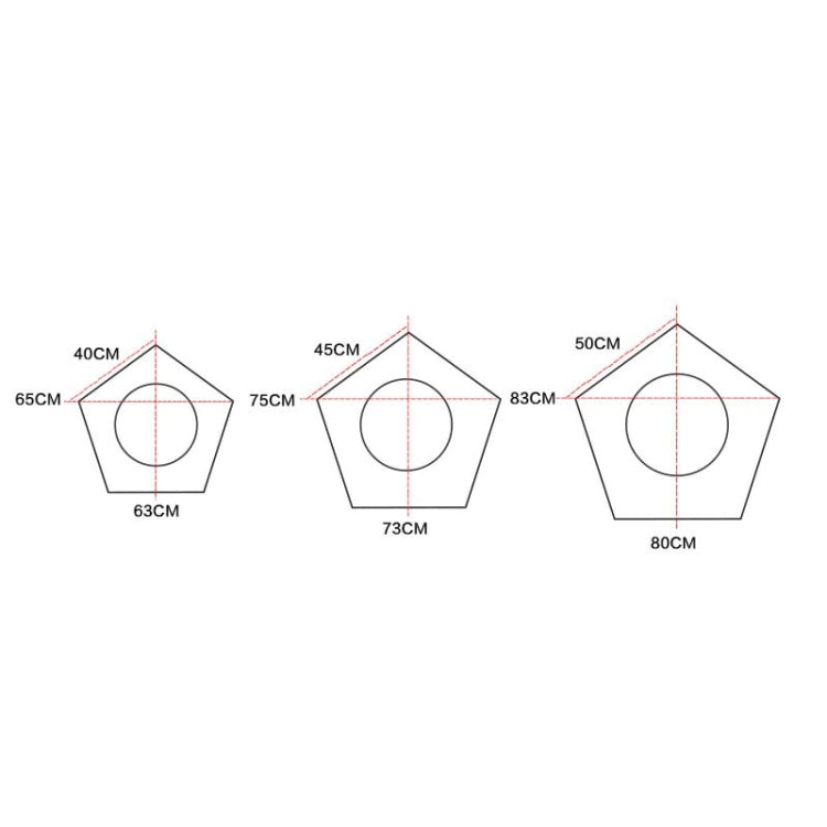 Pet bed size chart: 40cm, 45cm, 50cm widths with 63cm/73cm/80cm lengths