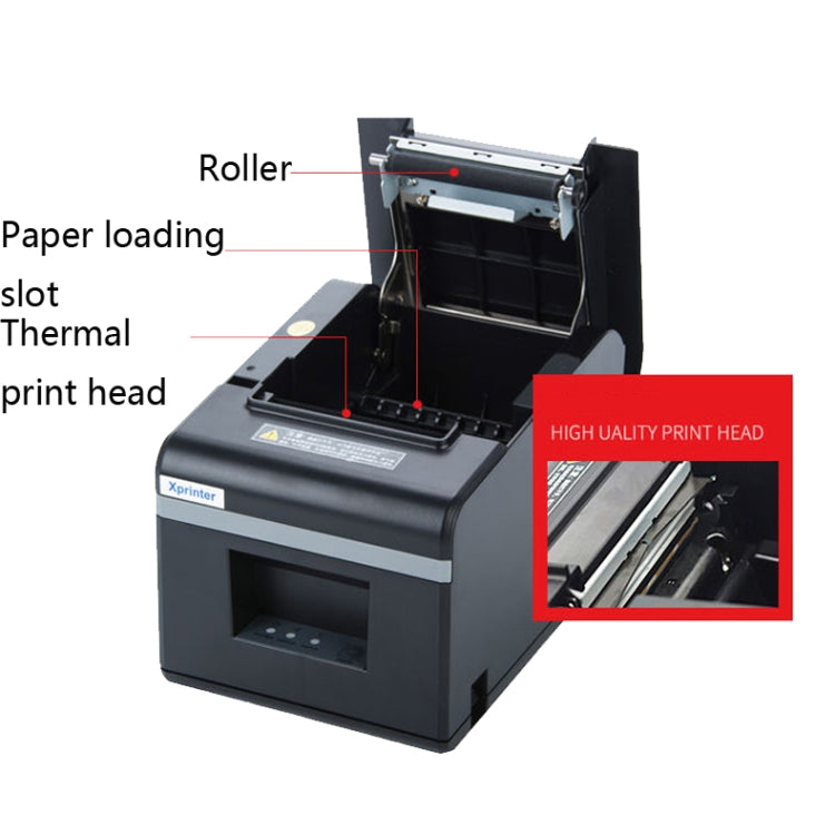 Xprinter XP-N160II thermal printer with open lid, visible print head and roller