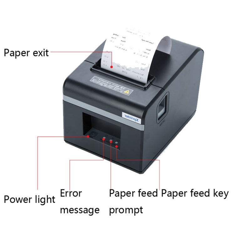 Xprinter XP-N160II thermal printer showing paper exit and front LEDs/error prompt