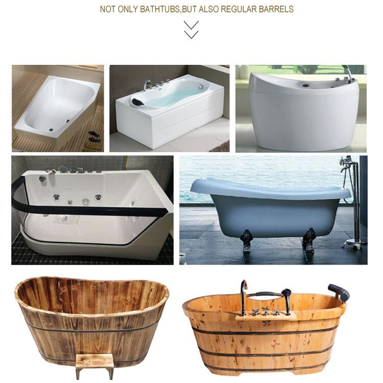 Wooden soaking barrel tubs with faucets and drain, shown in multiple angles