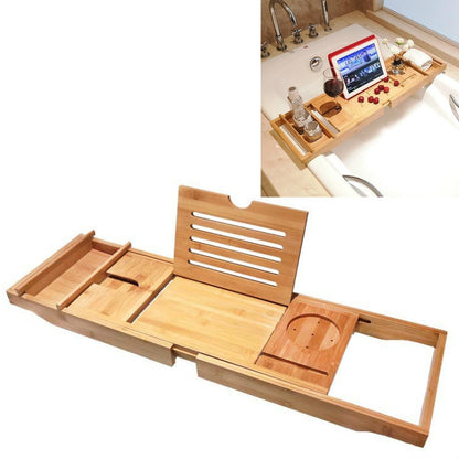 Bamboo bath caddy with slatted backrest and phone/tablet holder, multi-compartment tray