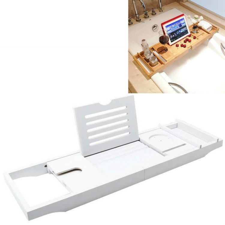 White bath caddy with slatted backrest and divided tray for tablet/phone and accessories