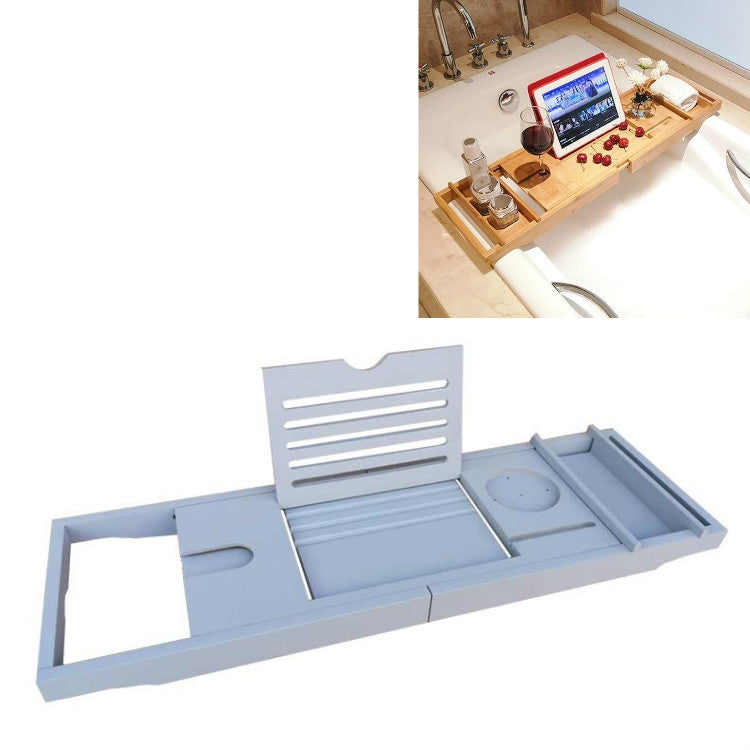 Light blue bath caddy with slatted backrest and recessed compartments for toiletries