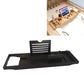 Black bath caddy with slatted backrest and organizer tray for phone or bath items