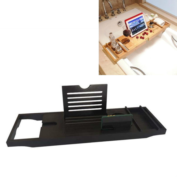 Black bath caddy with slatted backrest and organizer tray for phone or bath items
