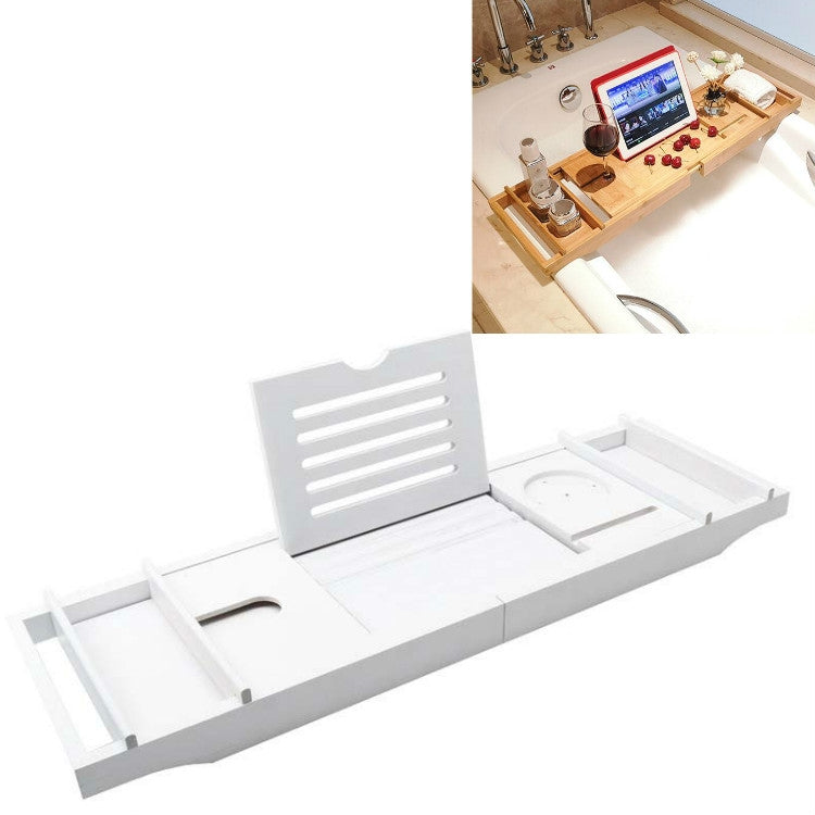 White bathtub shelf tray with phone/tablet holder, slotted compartments, and grooves