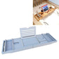 Light blue bathtub shelf tray with phone/tablet holder and integrated organizer slots