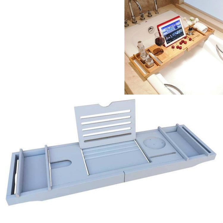 Light blue bathtub shelf tray with phone/tablet holder and integrated organizer slots