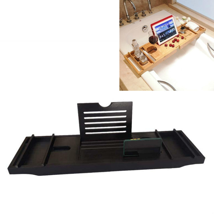 Black bathtub shelf tray with phone/tablet holder and recessed storage compartments