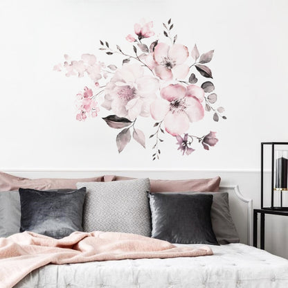 Watercolor flower wall sticker set with pink and white blooms and green-gray leaves