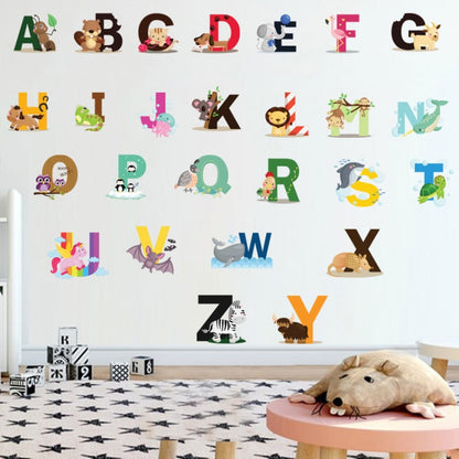 Alphabet animal wall stickers set with colorful uppercase letters A–Z on white wall
