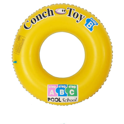 Yellow inflatable swimming ring with large inner hole and colorful educational prints