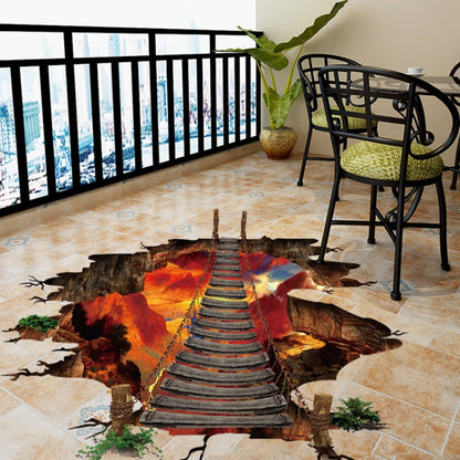 3D flame mountain cable bridge floor sticker with fiery tunnel and rocky broken edges