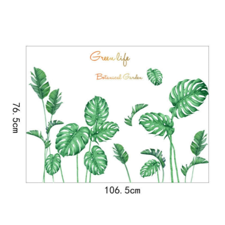 Botanical leaf wall sticker sheet with green leaves; includes size measurement