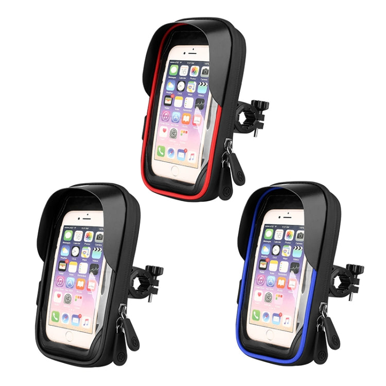 Black waterproof phone holder with red and blue trim, clear touch-screen window