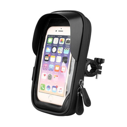 Black waterproof touch-screen phone holder with clear window for handlebar mounting