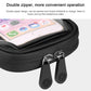 Black waterproof phone holder with dual zippers and metal clip hooks