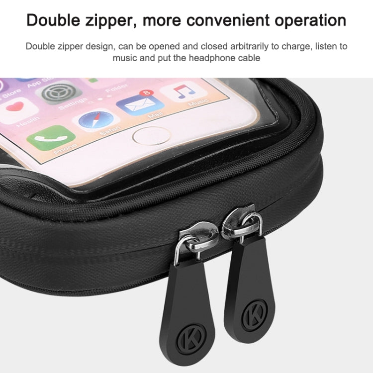 Black waterproof phone holder with dual zippers and metal clip hooks