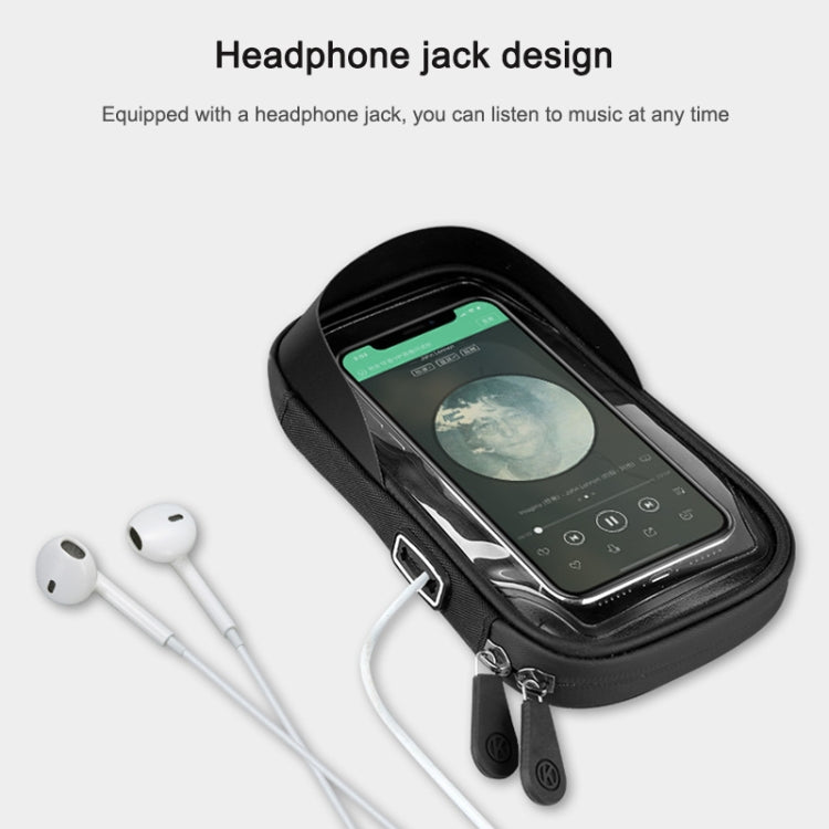 Black waterproof phone holder with headphone jack port and clear touch-screen window