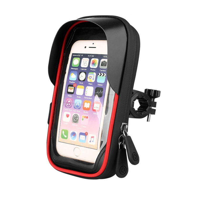Red waterproof touch phone holder case with clear screen window and handlebar mount