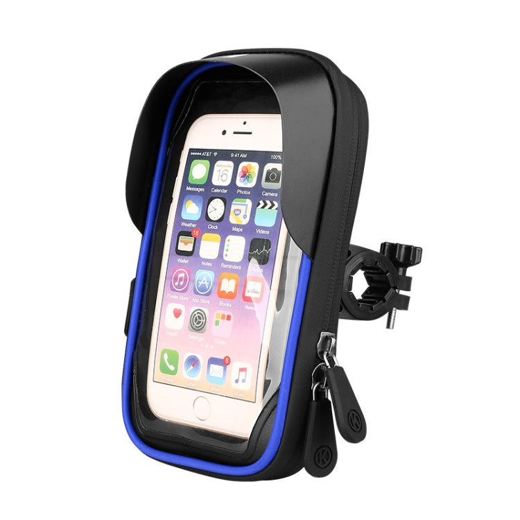 Blue waterproof touch phone holder case with clear screen window and handlebar mount