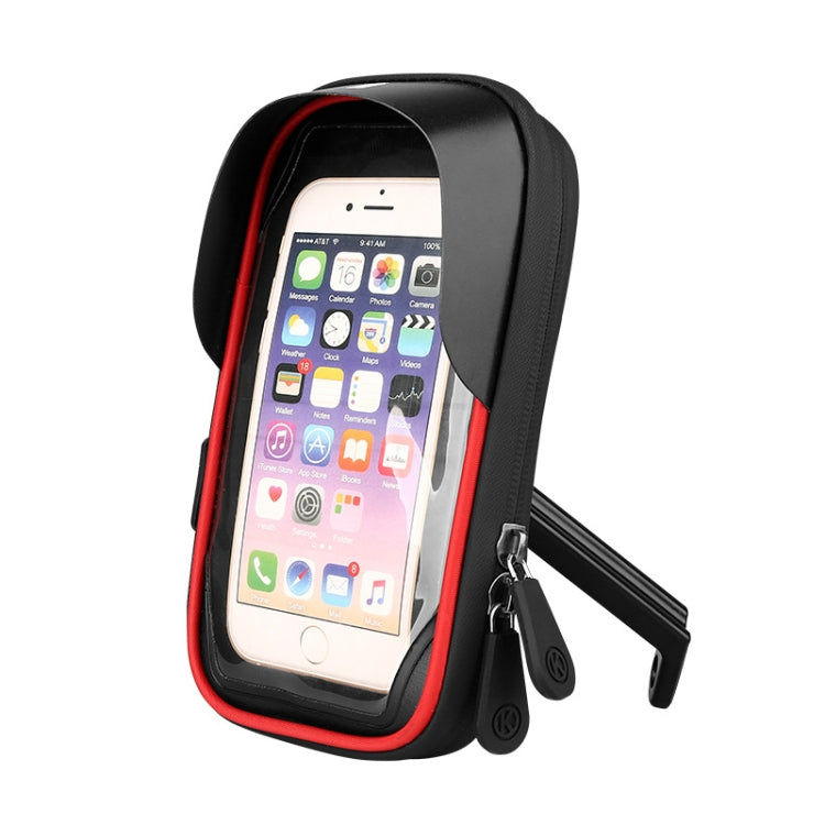 Red waterproof touch phone holder case with clear screen window and clamp handlebar mount