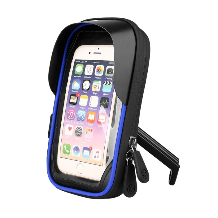 Blue waterproof touch phone holder case with clear screen window and clamp handlebar mount