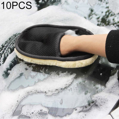 Black mesh car cleaning mitt with white fleece edging