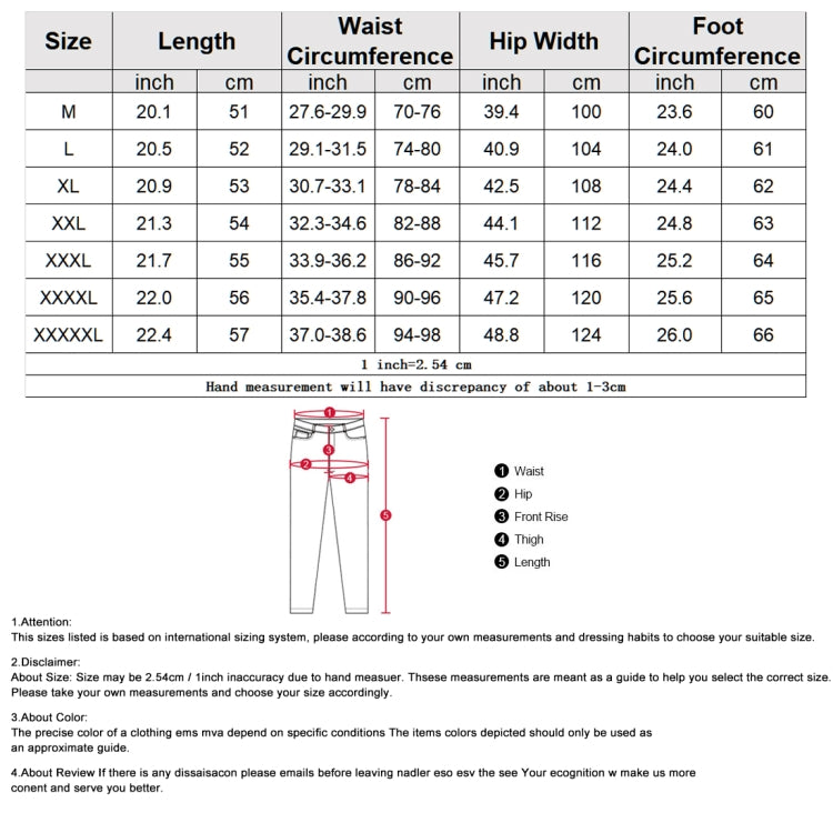 Five-point shorts size chart with length, waist, hip width, and foot circumference