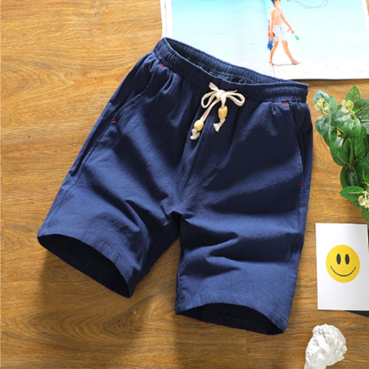 Navy blue cotton-linen five-point shorts with elastic waistband and drawstring, relaxed fit