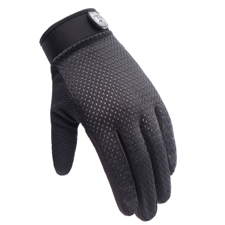 Black full-finger cycling glove with textured mesh palm and elastic wrist cuff.