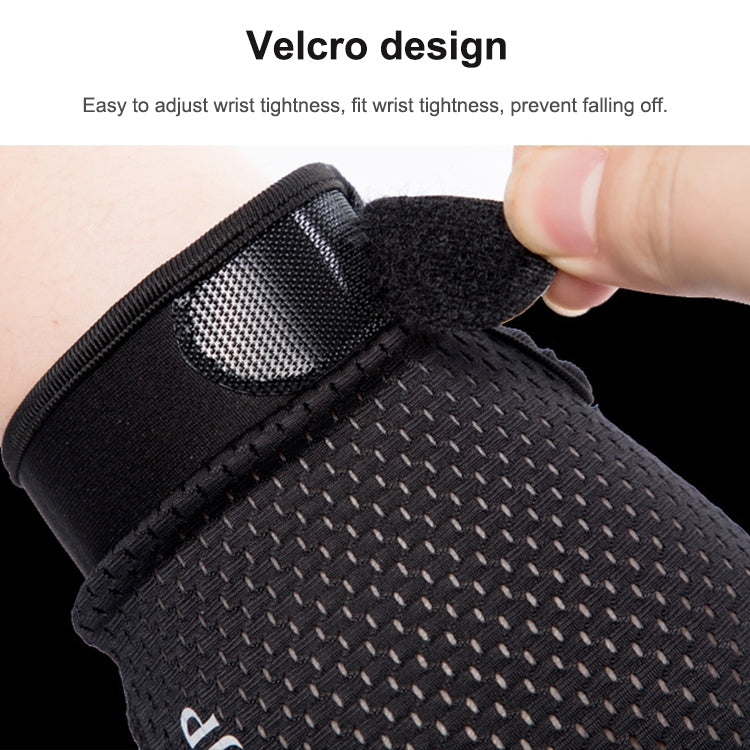 Black full-finger cycling glove with adjustable Velcro wrist strap and textured palm.