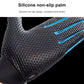 Black cycling glove palm close-up with textured grip and blue silicone non-slip stripes.